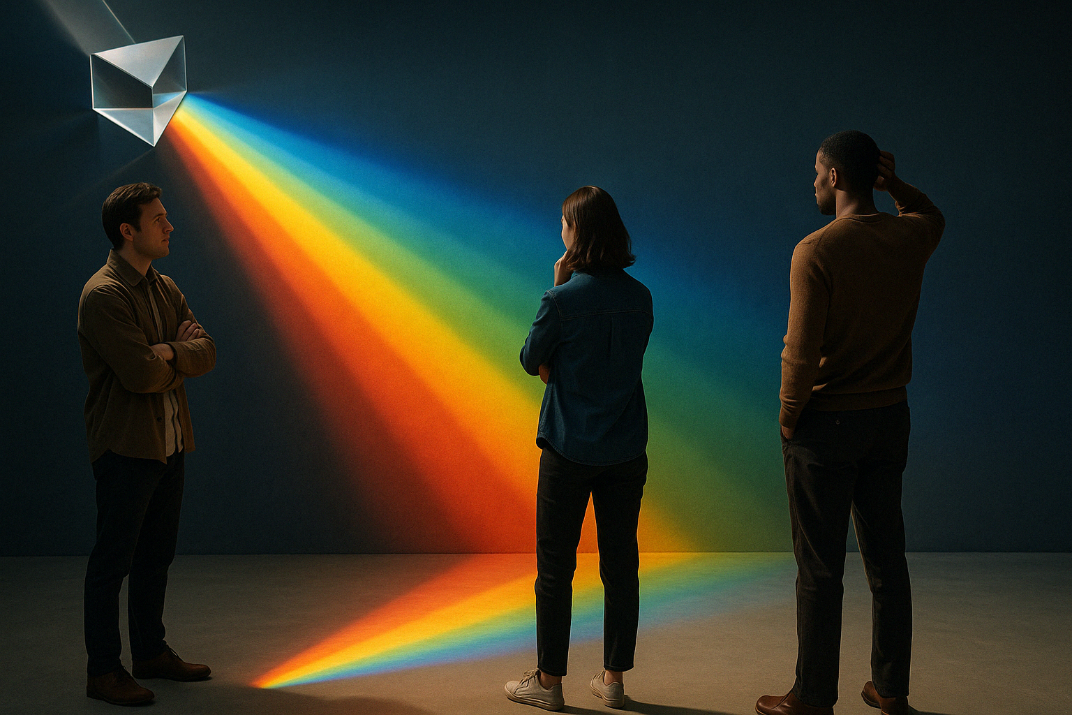 people looking at a rainbow inquisitively